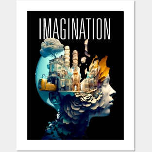 Imagination: Where Wonders Are Born -- A digital illustration of a young person's mind and imagining thru the wonderment of their imagination with the word "Imagine" above on a Dark Background Posters and Art